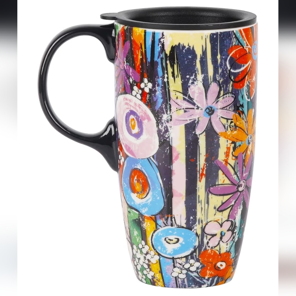 Abstract Floral Ceramic Travel Mug